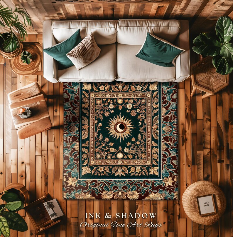 Moon and Sun Ethereal Bohemian Rug | Celestial Tarot Aesthetic Zodiac Inspired Floral Maximalist Bedroom Ethereal Astrology Witchy Area Rug image 4