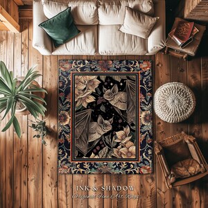 Dark Academia Mystic Bat Rug Woodland Gothic Victorian Decor | Enchanted Forest Bat Lover Nature Rug Celestial Boho Floral Cottagecore Decor image 8