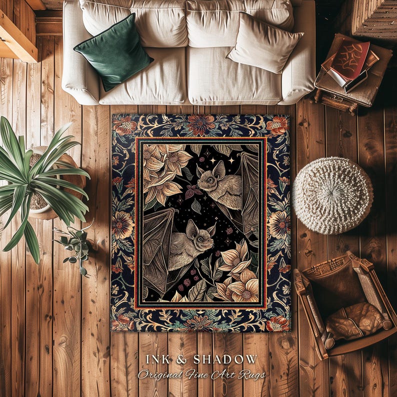 Dark Academia Mystic Bat Rug Woodland Gothic Victorian Decor | Enchanted Forest Bat Lover Nature Rug Celestial Boho Floral Cottagecore Decor image 8