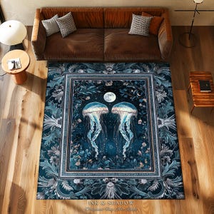 Lunar Ocean Jellyfish Rug Deep Blue Ethereal Coastal Decor, Enchanted Art Nouveau Cottagecore Marine Scene Moonlight Nautical Underwater Rug image 4