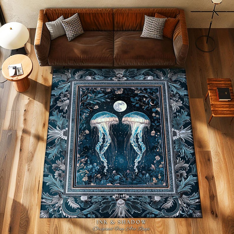 Lunar Ocean Jellyfish Rug Deep Blue Ethereal Coastal Decor, Enchanted Art Nouveau Cottagecore Marine Scene Moonlight Nautical Underwater Rug image 4