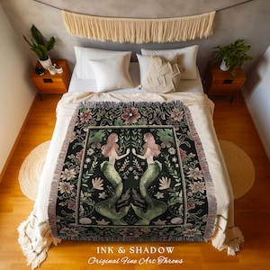Enchanted Ocean Mermaid Floral Sea Life Blanket Emerald Green Whimsical Coastal Cottagecore, Art Nouveau Underwater Fantasy Tapestry Throw imagen 3