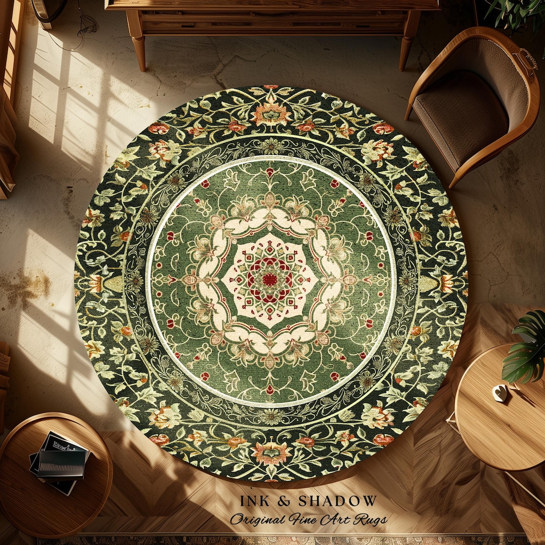 Boho Olive Green Round Floor Rug | Classic Ornate Victorian Rug With ...