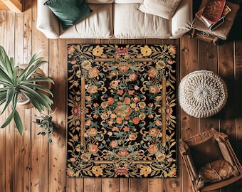 Dark Floral Cottagecore Rug | Bohemian Aesthetic Living Room Home Decor Rustic Housewarming Gift Cottagecore Earth Tone Bedroom Floor Mat