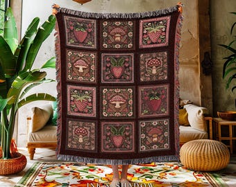 Cottagecore Red Strawberry Mushroom Blanket Cozy Whimsical Throw Farmhouse Decor | Retro Maximalist Berry Fungi Vintage Aesthetic Home Gift
