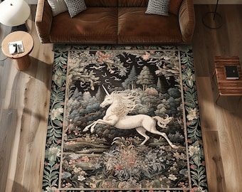 Pastel Botanical Unicorn Rug | Whimsical Folklore Nursery Decor Morris Style Cottagecore Fairycore Mystical Decor Princesscore Aesthetic |