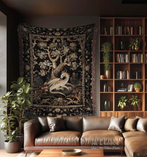 Medieval Aesthetic Dragon Blanket | Fairytale Inspired Nursery Decor Morris Style Cottagecore Fairycore Woven Throw Tapestry Botanical |