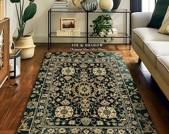 Dark Academia Art Deco Area Rug | Ornate Design Deep Emerald Green Floor Rug Baroque Victorian Gothic Dark Mystic Maximalist Bedroom Decor |