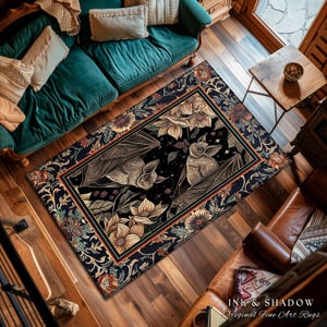 Dark Academia Mystic Bat Rug Woodland Gothic Victorian Decor | Enchanted Forest Bat Lover Nature Rug Celestial Boho Floral Cottagecore Decor image 14
