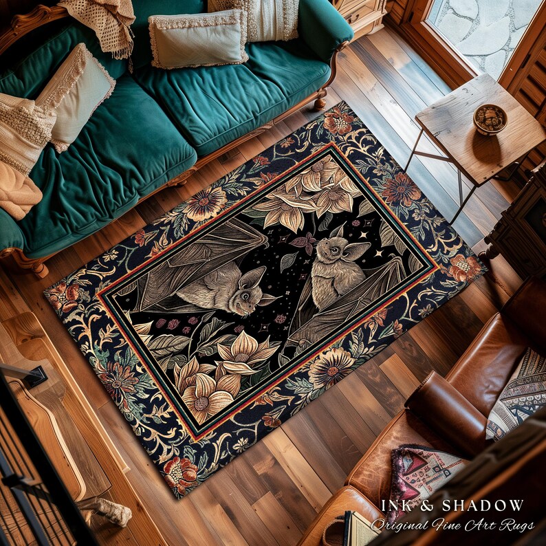 Dark Academia Mystic Bat Rug Woodland Gothic Victorian Decor | Enchanted Forest Bat Lover Nature Rug Celestial Boho Floral Cottagecore Decor image 14