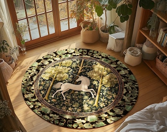 Magic Aesthetic Unicorn Round Area Rug Cottagecore Style, Dark Academia Folklore Decor Maximalist Fantasy Art Enchanted Fairytale Accent