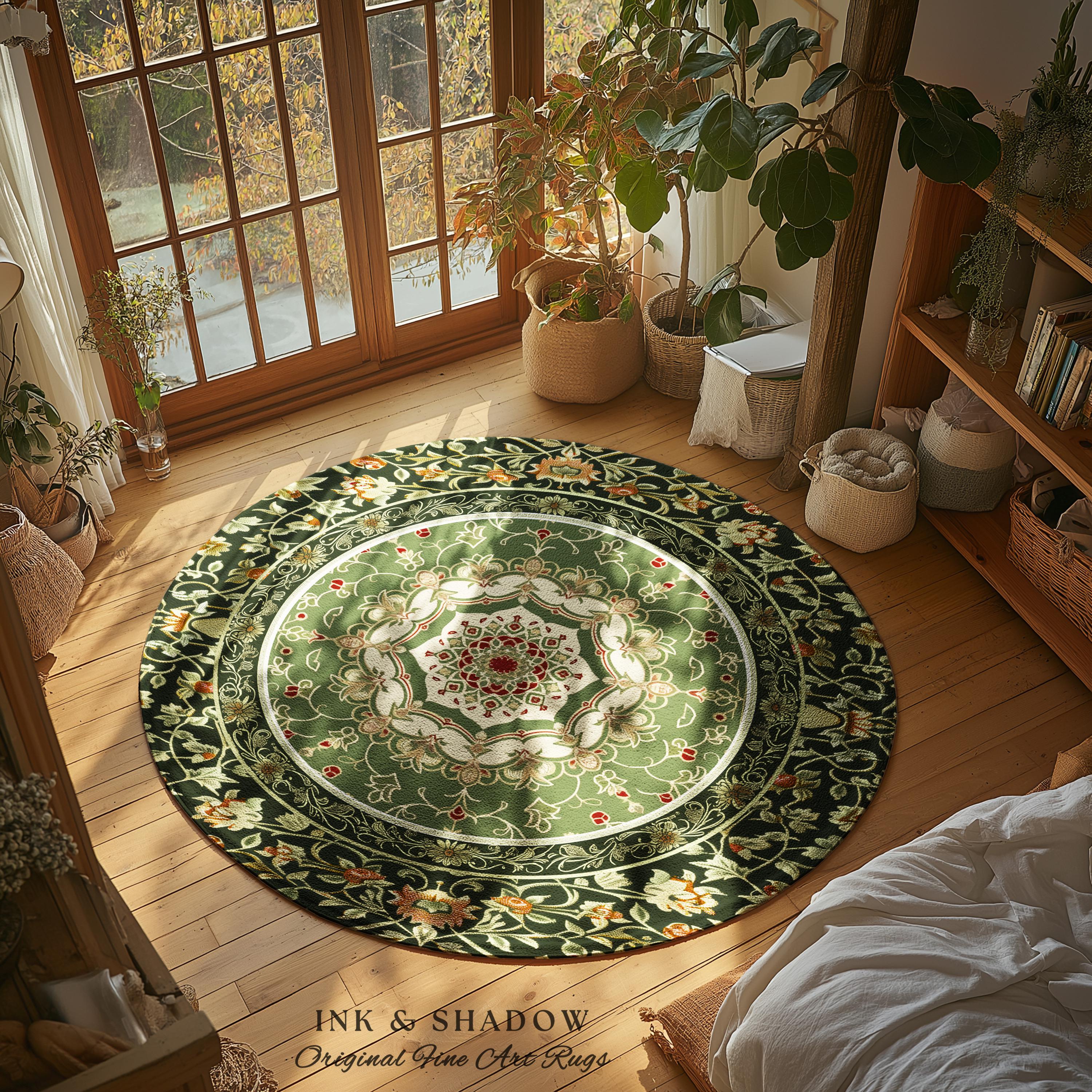 Boho Olive Green Floor Rug | Classic Ornate Victorian Rug With