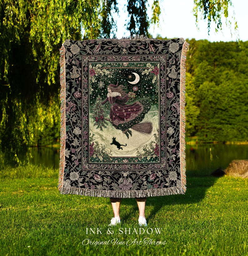 Snowy Magic Celestial Witch Blanket | Gothic Magic Black Cat Woven Tapestry Broomstick Ride Moon Stars Botanical Frame Mystical Folklore Art immagine 1