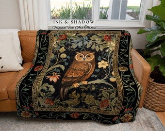 Whimsical Book Nook Owl Blanket | Woodland Room Decor Morris Inspired Forest Aesthetic Fairycore Boho Woven Tapestry Floral Owl Decoration