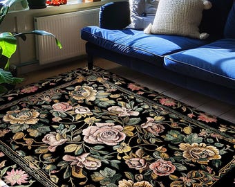 Antique Rose Aesthetic Rug Victorian Floral Dark Academia Decorative Rug Pink Rose Flower Dark Cottagecore Vintage Floral Housewarming Gift