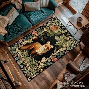 Woodland Fox Botanical Rug | Ornate Room Decor William Morris Inspired Forest Rug Fairycore Boho Bedroom Rug Ethereal Decoration Cottagecore