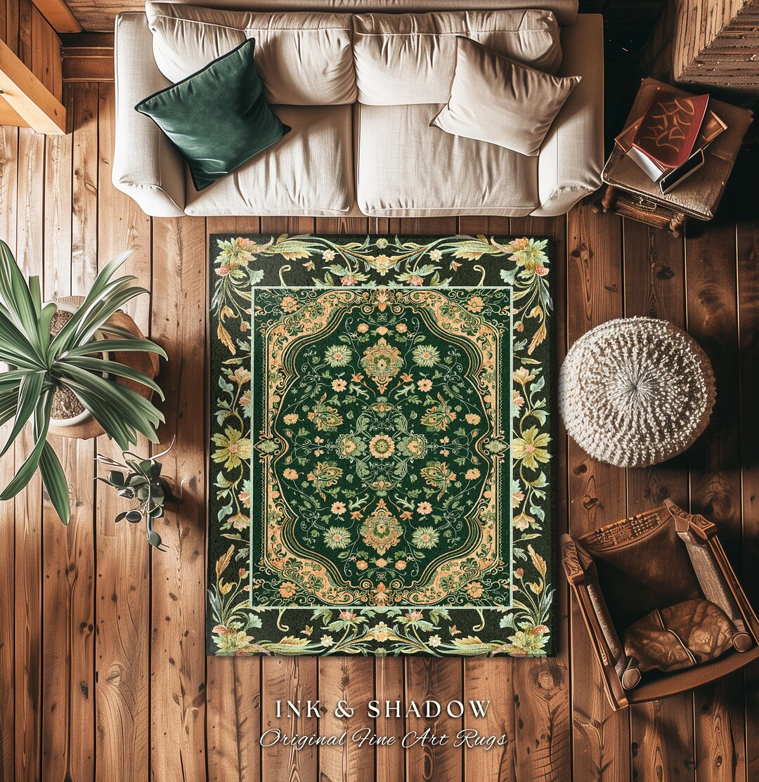 Ornate Emerald Green Accent Rug | Bohemian Style Cottagecore Area Rug ...