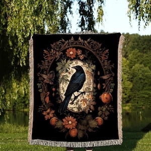 Crowcore Room Decor Gothic Crow Tapestry Vintage Blanket Woven | Black Crow Raven Decor Dark Floral Tapestry Woven Throw Blanket Tapestry |
