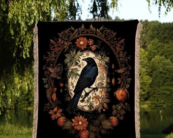 Crowcore Room Decor Gothic Crow Tapestry Vintage Blanket Woven | Black Crow Raven Decor Dark Floral Tapestry Woven Throw Blanket Tapestry |