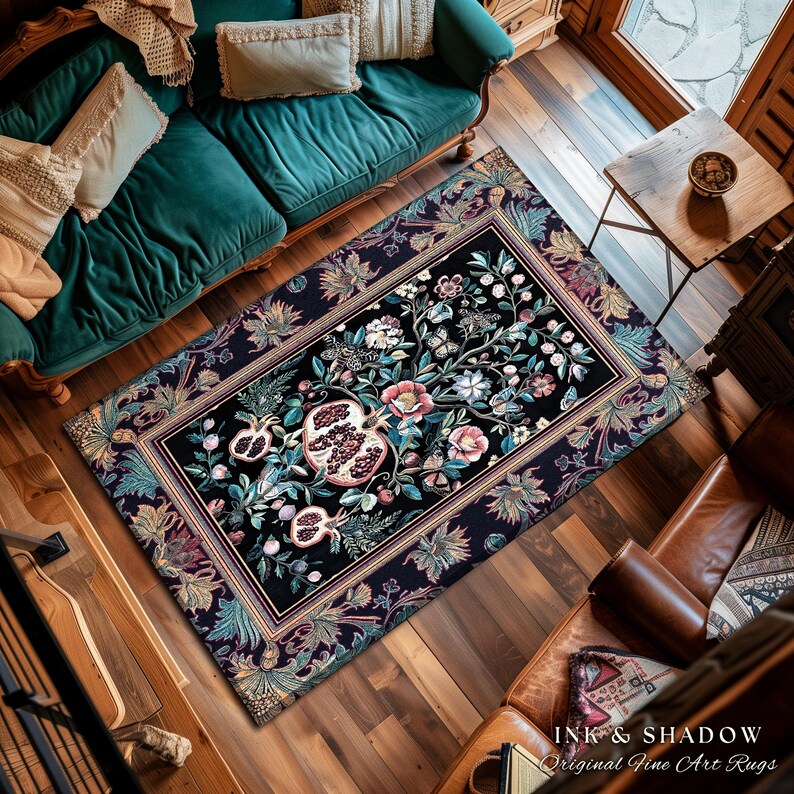 Witchy Dark Academia Pomegranate Rug Whimsigothic Floral Home Decor, Enchanted Woodland Cottagecore Botanical Victorian Gothic Nature Accent image 9