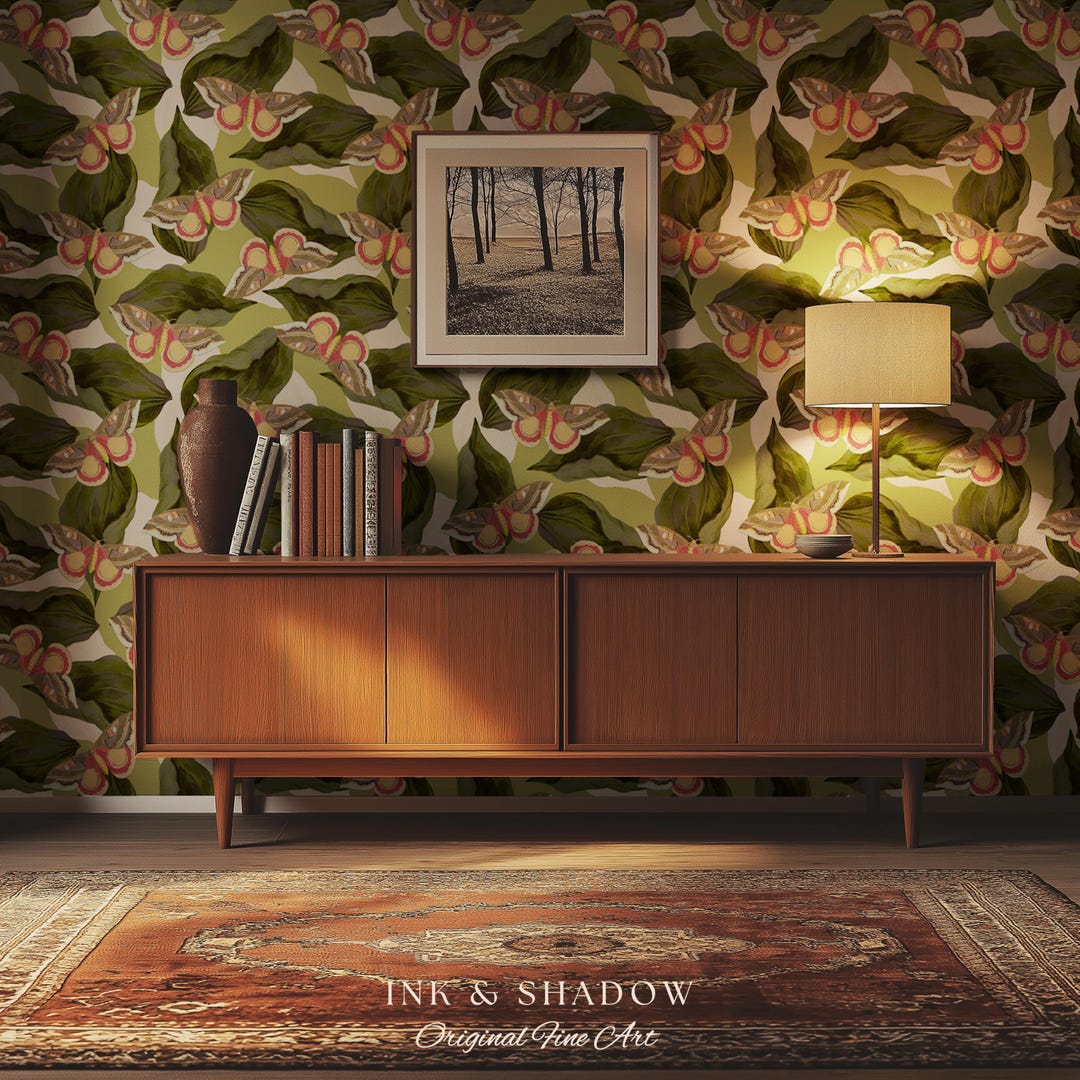 Retro Moth Wallpaper Green | Renter Friendly Peel & Stick Wall Decor ...