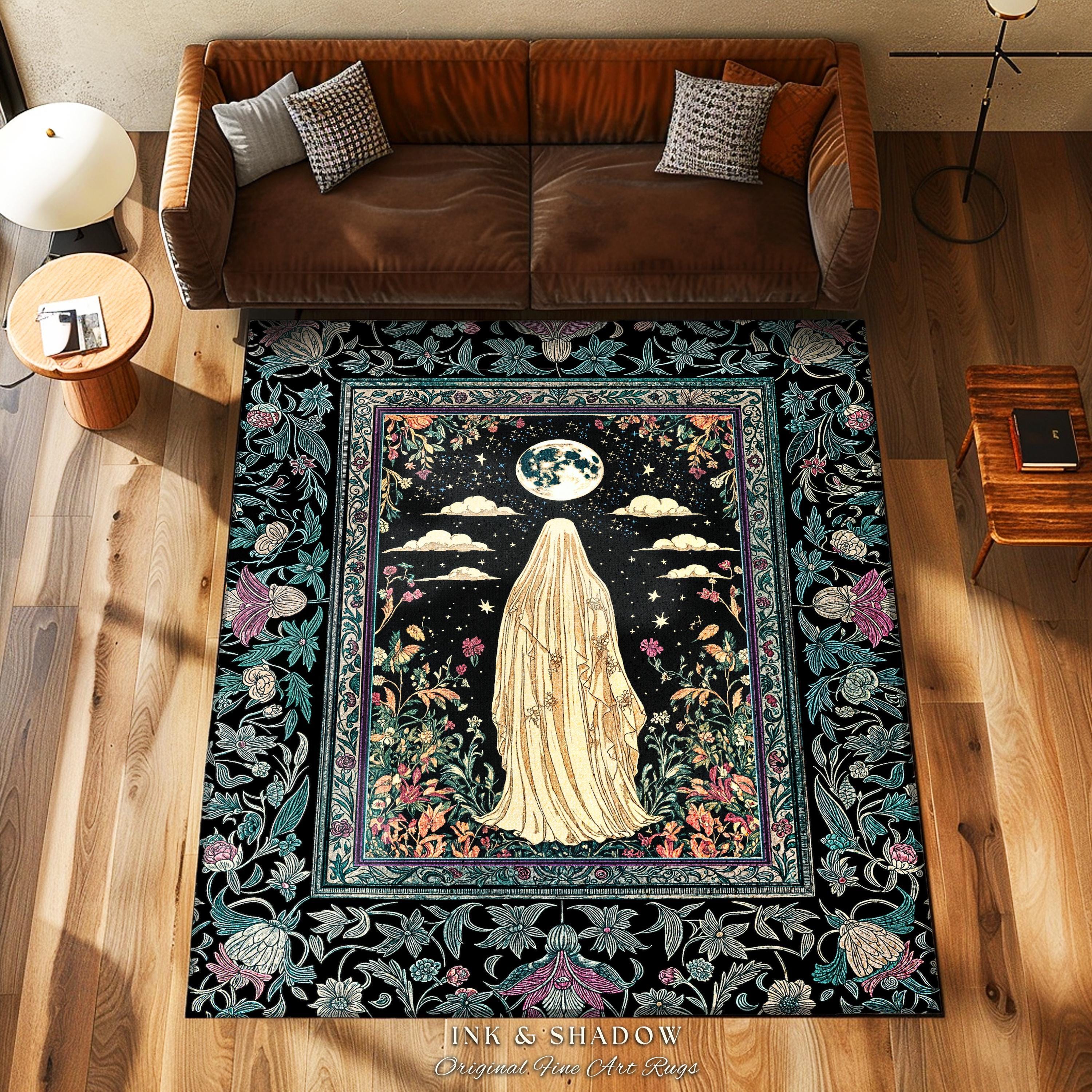 Moonlit Garden Ghost Area Rug | Celestial Halloween Floral Bedroom