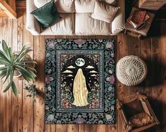 Moonlit Garden Ghost Area Rug | Celestial Halloween Floral Bedroom