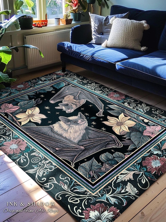 Moody Dark Acedemia Tapestry Woven Bat Rug Starry Night Woodland Gothic Floral Decor, Antique Aesthetic Victorian Botanical Whimsigothic Art