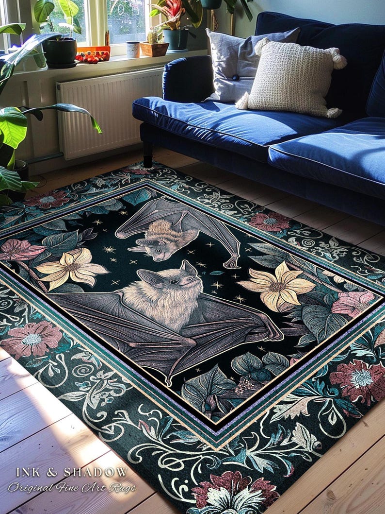 Puede incluir: Una alfombra rectangular con fondo negro que presenta dos murci&eacute;lagos, uno colgado y otro erguido, rodeados de flores y hojas estilizadas en tonos rosa, amarillo y azul verdoso. El texto dice INK & SHADOW Original Fine Art Rugs.