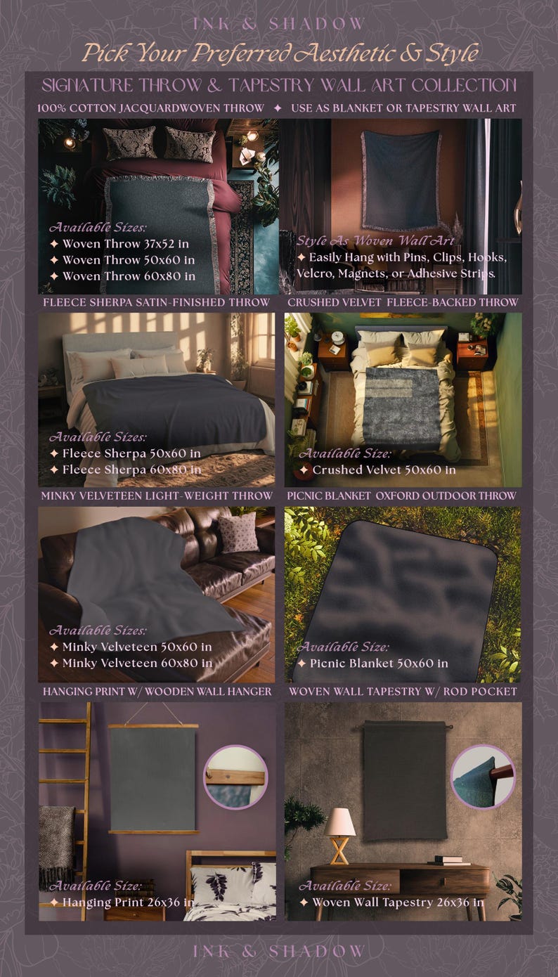 The image is a collage of four images showcasing different signature throw and tapestry wall art collections from the brand Ink & Shadow. The images feature various sizes and styles of wall art, including woven throw and tapestry wall art, as well as signature throw and tapestry wall art. The text in the image provides information about the available sizes and styles, but it does not include any descriptive text about the individual images.