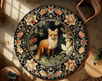 Mystical Forest Woodland Cottagecore Round Fox Botanical Rug | Ornate Botanical Morris Inspired Floral Forest Rug Fairycore Whimsical Decor