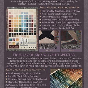 May include: A promotional image for Ink & Shadow jacquard woven throws and tapestries. The image displays a color palette and examples of the products, including sizes 37x52 inches, 50x60 inches, and 60x80 inches. The text highlights features like high-quality cotton weave and fringe finish.