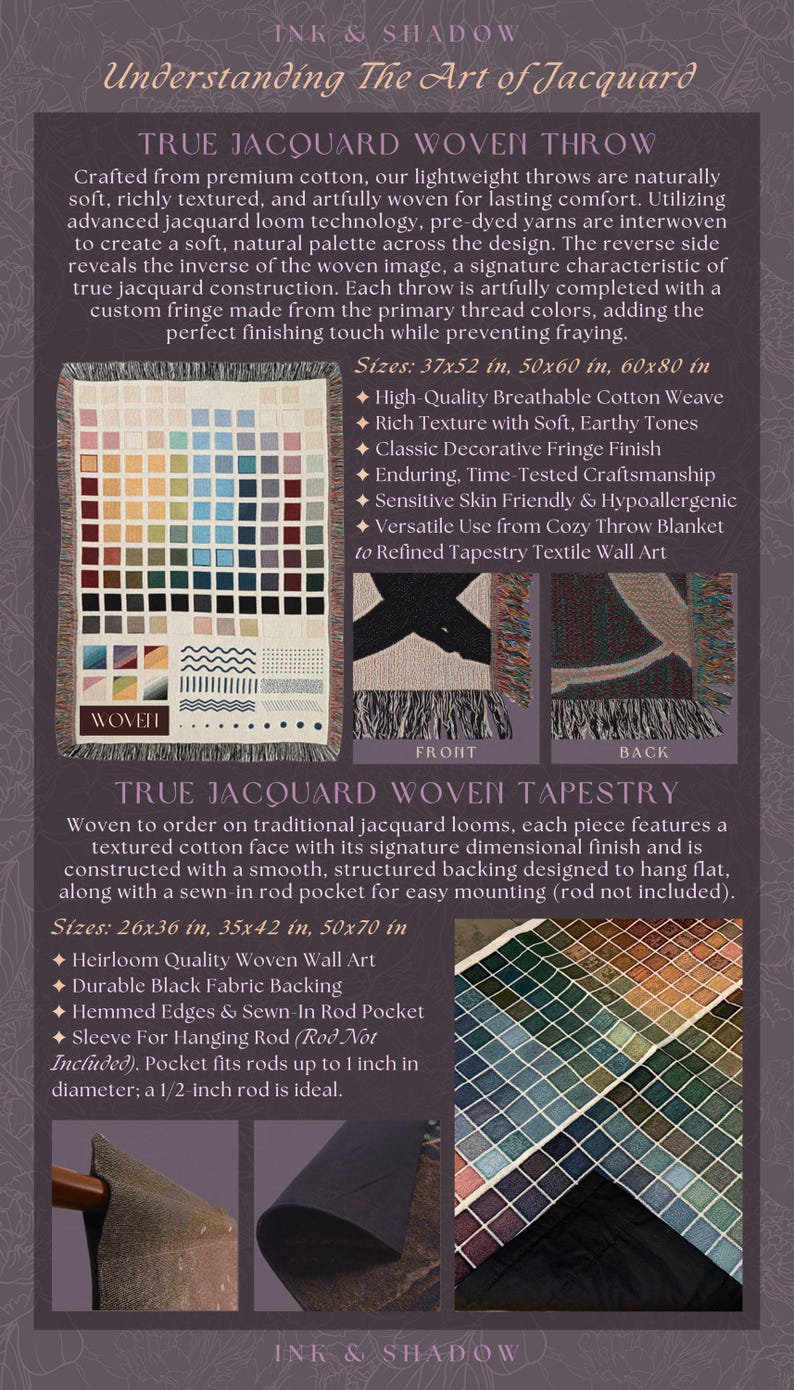 May include: A promotional image for Ink & Shadow jacquard woven throws and tapestries. The image displays a color palette and examples of the products, including sizes 37x52 inches, 50x60 inches, and 60x80 inches. The text highlights features like high-quality cotton weave and fringe finish.