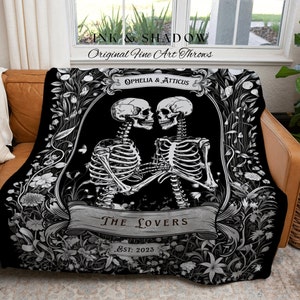 Skeleton Lovers Blanket Custom | Personalized Wedding Blanket Gothic Skeleton Couple Custom His & Hers Blanket Woven Tapestry Cottagecore |