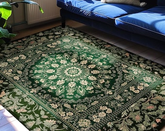 Mystic Dark Green Ornate Area Rug | Traditional Design Accent Rug Deep Emerald Living Room Baroque Gothic Dark Mystic Bedroom Decor Boho |