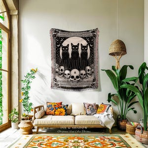 Mystic Black Cats Gothic Tapestry Blanket Dark Academia Skull Throw | Celestial Occult Aesthetic Cat Tapestry Urban Grunge Witchy Wall Art image 7