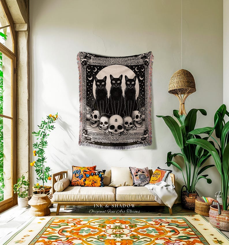 Mystic Black Cats Gothic Tapestry Blanket Dark Academia Skull Throw | Celestial Occult Aesthetic Cat Tapestry Urban Grunge Witchy Wall Art image 7