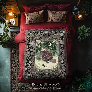 Snowy Magic Celestial Witch Blanket | Gothic Magic Black Cat Woven Tapestry Broomstick Ride Moon Stars Botanical Frame Mystical Folklore Art immagine 2