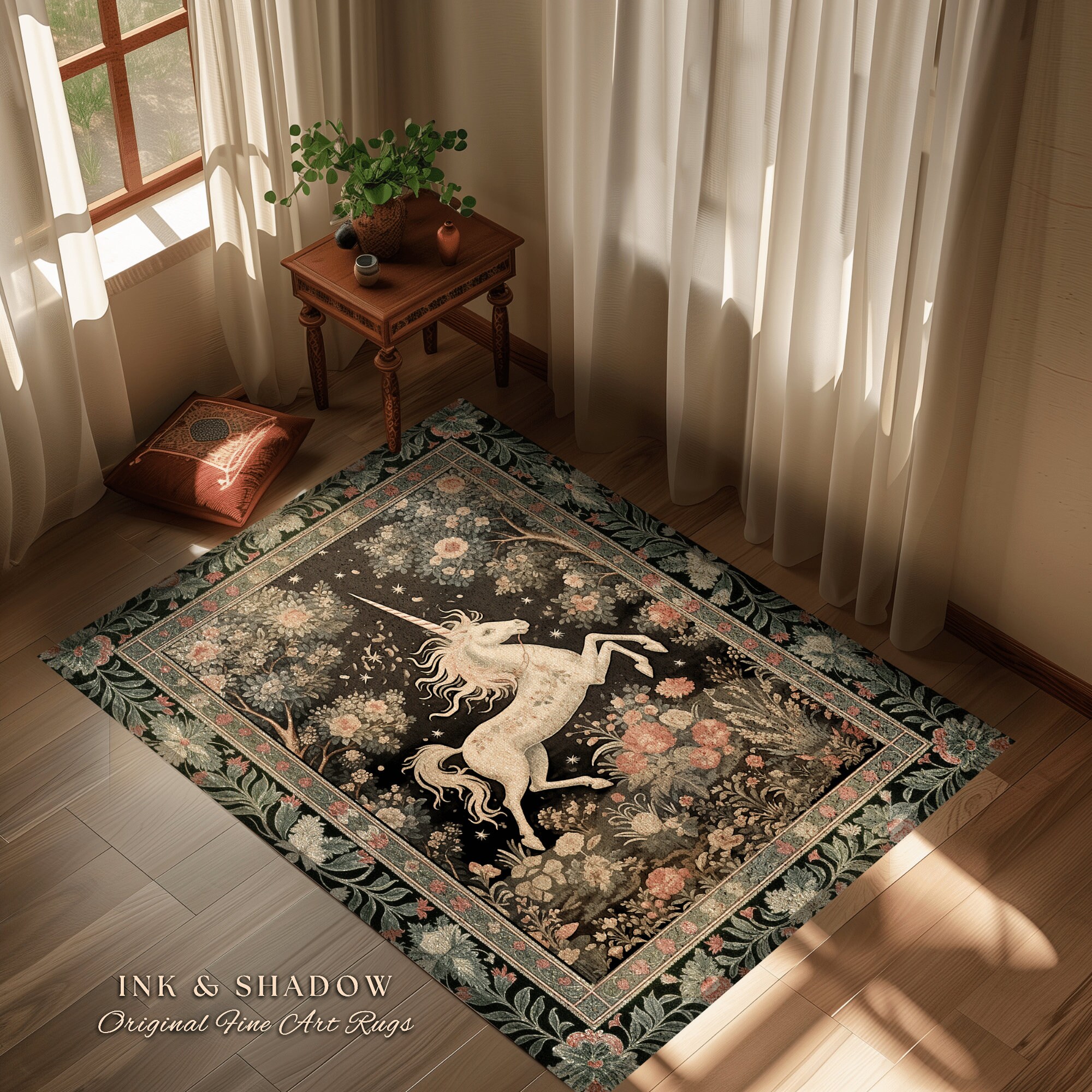 Mystical Folklore Unicorn Rug Whimsical Room Decor Morris Inspired Cottagecore Aesthetic Pastel Floral Woodland Fairycore Area Rug Magical Etsy