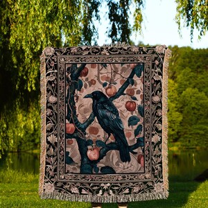 Victorian Raven Enchanted Forest Blanket Whimsical Woodland Gothic Apple Tree Tapestry | Dark Cottgecore Cottage Goth Crowcore Fairy Grunge image 7