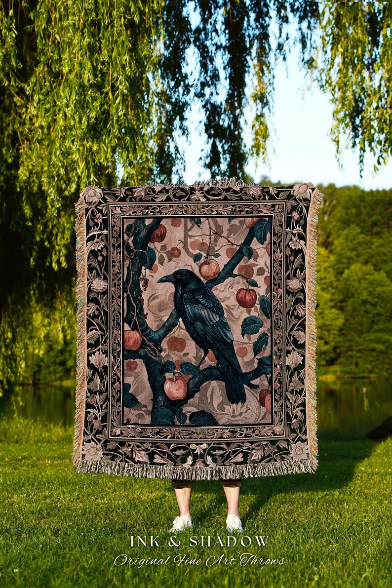 Victorian Raven Enchanted Forest Blanket Whimsical Woodland Gothic Apple Tree Tapestry | Dark Cottgecore Cottage Goth Crowcore Fairy Grunge image 7