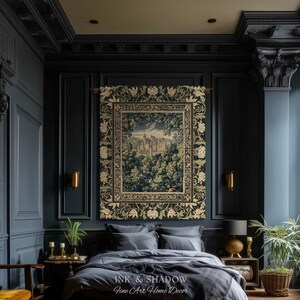May include: A rectangular wall tapestry featuring a detailed landscape of a castle surrounded by dense forest, framed by a wide border of cream and gold floral patterns on a black background. The text Ink & Shadow Fine Art Home Decor is visible.