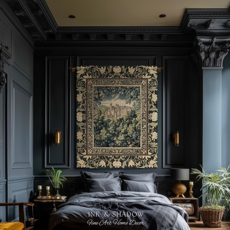 May include: A rectangular wall tapestry featuring a detailed landscape of a castle surrounded by dense forest, framed by a wide border of cream and gold floral patterns on a black background. The text Ink & Shadow Fine Art Home Decor is visible.