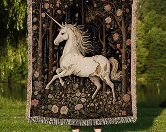Vintage Medieval Unicorn Woven Tapestry Medieval Room Decor Cottagecore Art Fairycore Aesthetic Room Decor Mystic Tapestry Unicorn Art Throw