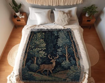 Nordic Fairycore Woven Blanket | Folk Art Blanket Woven Tapestry William Morris Throw Dark Woodland Decor Medieval Aesthetic Fairycore Decor