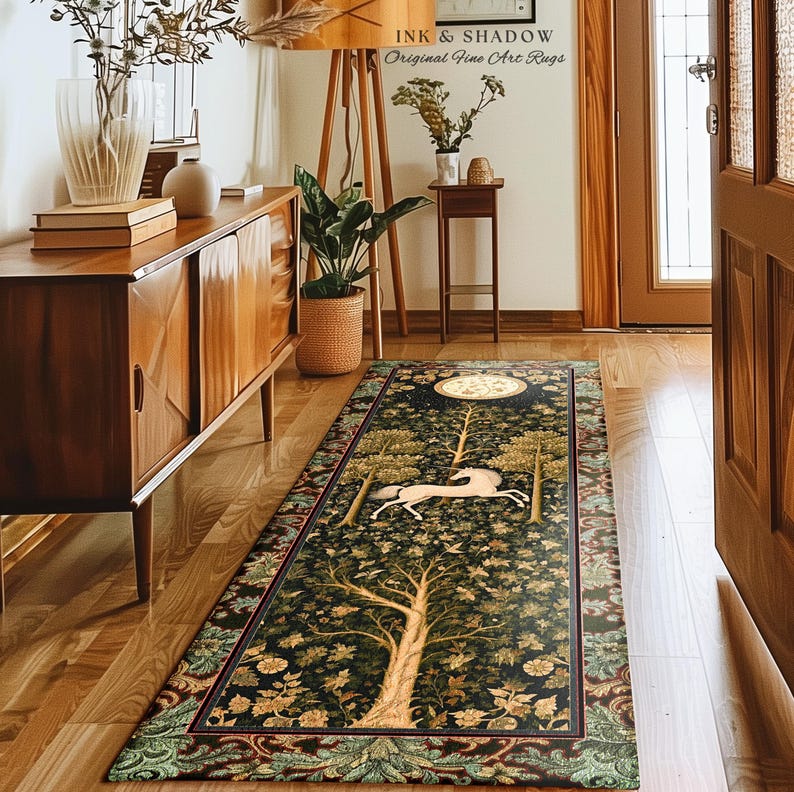 Magic Aesthetic Unicorn Runner Rug Cottagecore Style, Dark Academia Folklore Decor Gothic Maximalist Fantasy Art Enchanted Fairytale Accent Bild 9
