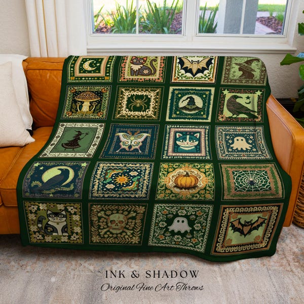 Boho Autumn Witchy Cozy Throw Blanket | Halloween Cozy Bedroom Decor Whimsigoth Tapestry Gothic Green Accent Spooky Gift Fairycore Grunge |