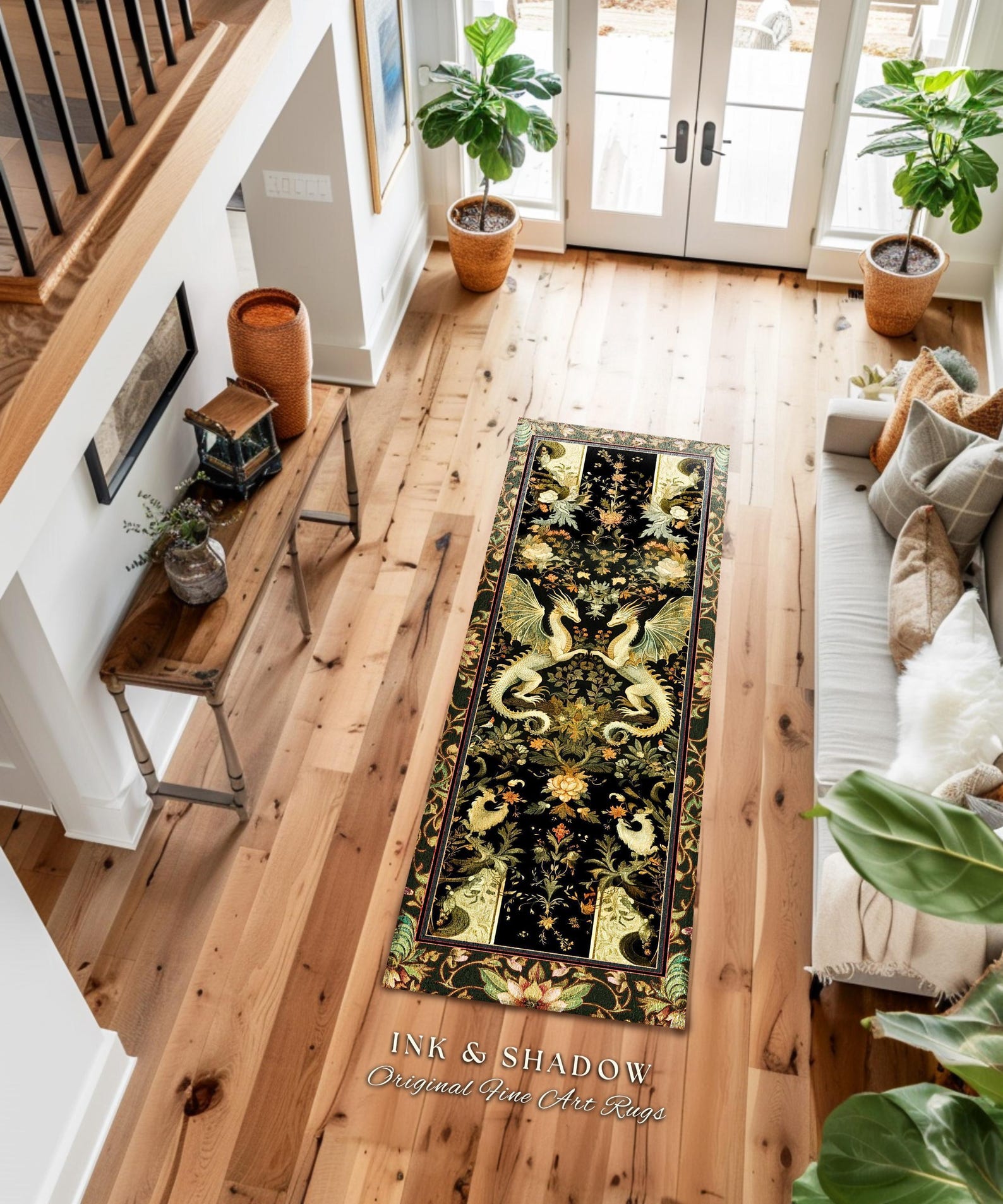 Ornate Antique Gold Folklore Aesthetic Baroque Dragon Runner Rug ...