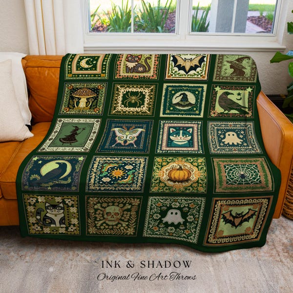 Boho Autumn Witchy Cozy Throw Blanket | Halloween Cozy Bedroom Decor Whimsigoth Tapestry Gothic Green Accent Spooky Gift Fairycore Grunge |