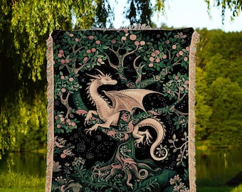 Enchanted Forest Dragon Tapestry Blanket Dark Woodland Gothic Decor | Mystical Cottagecore Aesthetic Vintage Medieval Charm Renaissance Art